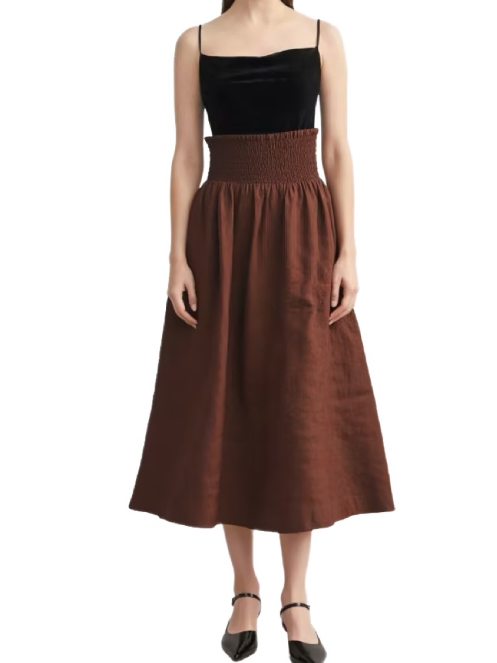 Tahari NWOT Linen Chestnut Smocked Waist Midi Skirt with Pockets Size Medium